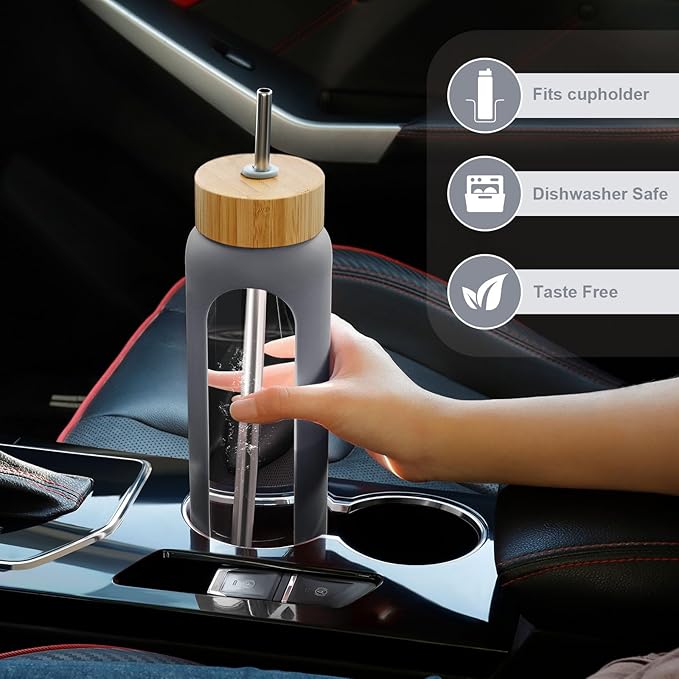 32 oz Glass Water Bottles - 1 Liter Motivational Tumbler Water Bottle Time Marker - Borosilicate Glass Water Bottle With Silicone Sleeve and 2 Lids, Handle Spout & Bamboo Straw Lid