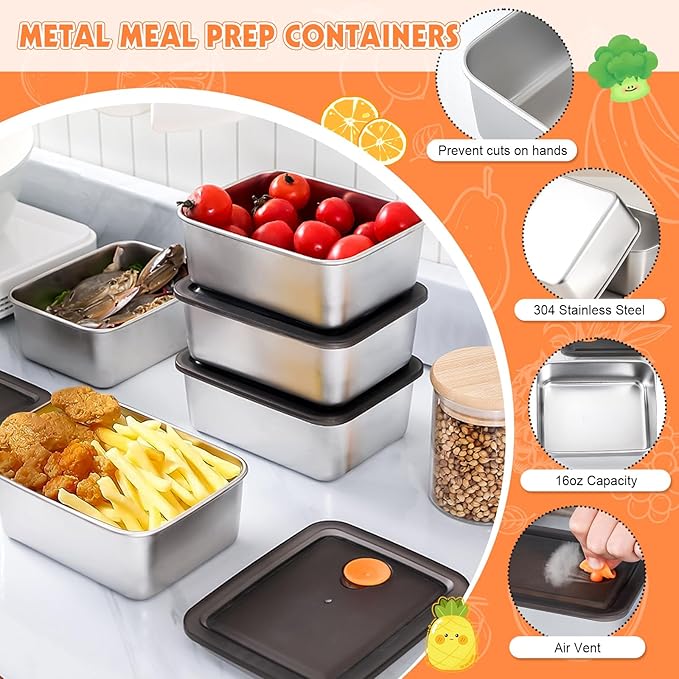 10 Pack Stainless Steel Food Storage Containers with Leak-Proof Lids, 16oz Reusable Metal Meal Prep Lunch Boxes, Stackable, BPA-Free, Dishwasher Safe for Snacks, Fruits & On-the-Go Meals