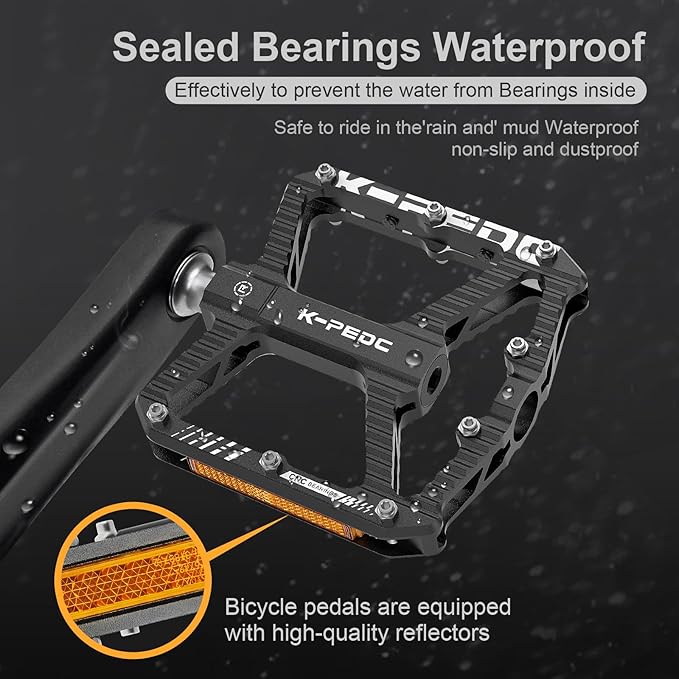 Mountain Bike Pedals MTB Pedals,Bicycle Pedals with Reflectors,Aluminum 9/16" 3 Sealed Bearing Lightweight Platform for Mountain Bike, BMX, Road Bike Pedals