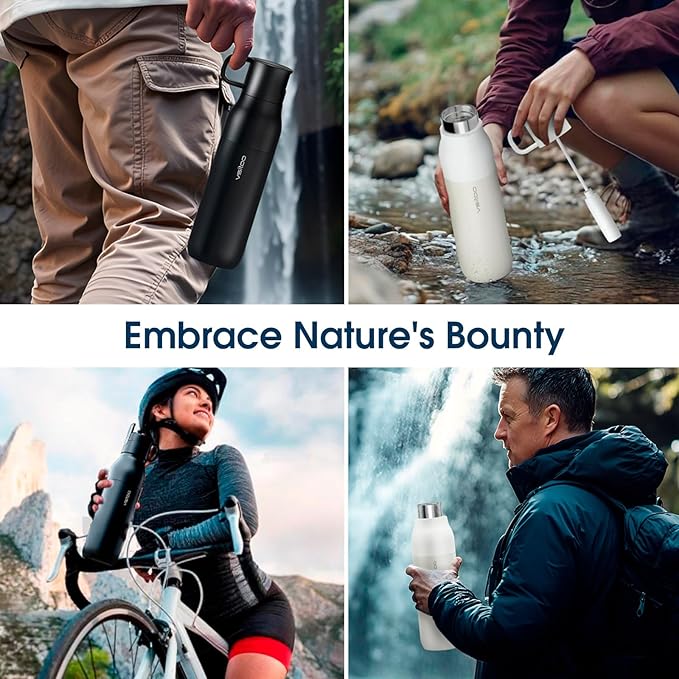 VSITOO 25oz Insulated Water Bottle With Filter for Travel ,316 Stainless Steel, BPA-Free,Reusable,Replaces 300 Plastic Water Bottles, Improves Taste, for Hiking, Cycling, Gym & Outdoor Use, White