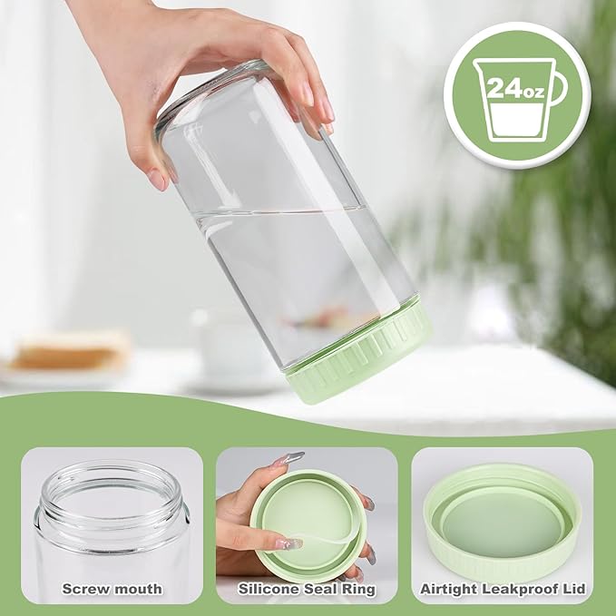 Overnight Oats Containers with Lids, 24oz Glass Jars with Lids 8 pcs, Light Green, Wide Mouth Mason jars for Salad, Yogurt, Snacks, Meal Prep