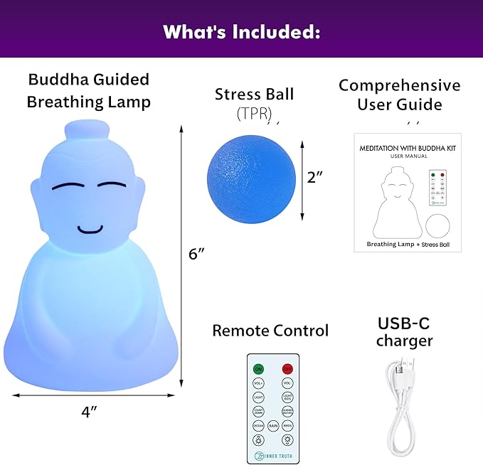 INNER TRUTH Meditation with Buddha Kit - 3 in 1 Guided Breathing Calm Down Buddha Anxiety Relief Device + Stress Ball. Stress Relief and Mindfulness Gifts. ADHD Tools for Adults & Kids. Yoga Gifts