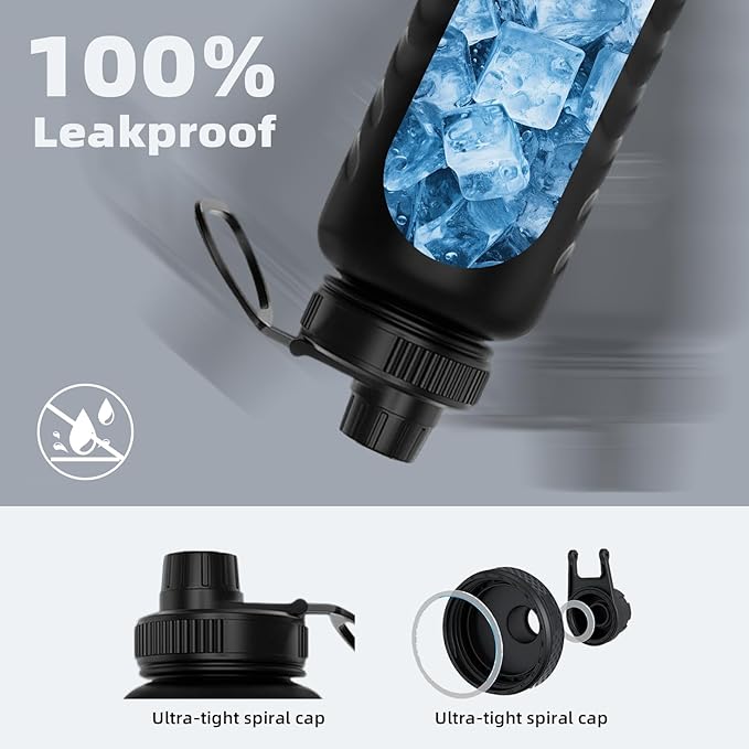 24oz Stainless Steel Insulated Water Bottle, 48H Cold & 24H Hot, Leak-Proof Wide Mouth Lids (Straw & Spout), BPA-Free Bottles, Mens Water Bottle for Gym, Hiking, Travel - Black