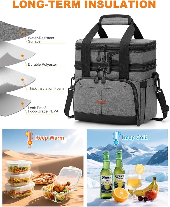 Lunch Box For Men Women Double Deck Insulated Lunch Bag For Men Woman Leakproof Expandable Cooler Bag with Adjustable Shoulder Strap for Work Picnic School(Gray,Medium)