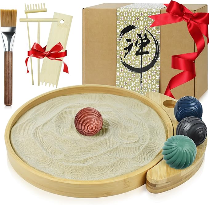 Artcome Jpanese Mini Zen Garden Kit for Desk - Bamboo Sand Tray with 4 Unique Zen Balls & Rake Tools - Relaxation and Meditation Sand Garden for Office, Home & Mindfulness Therapy - Ideal for Gift