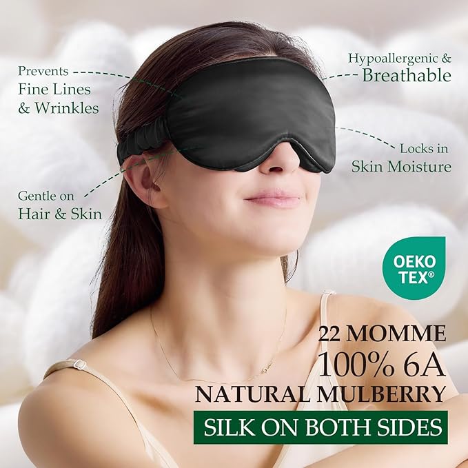 100% 22 Momme Mulberry Silk Sleep Mask with Adjustable Strap, 3D Contoured Cup Silk Eye Mask for Sleeping, Total Black Out, Black