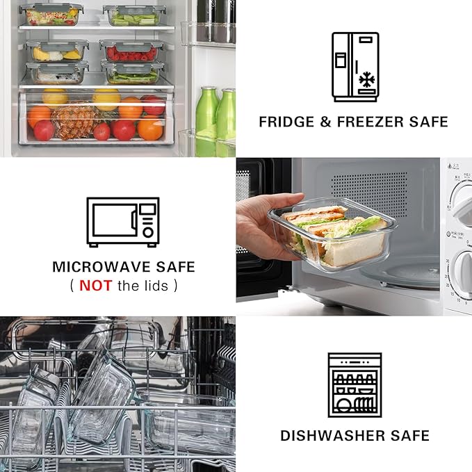 10 Pack 22 Oz Glass Meal Prep Containers with Lids, Reusable Glass Food Storage Containers with Lids, Leak Proof, Microwave, Oven, Freezer and Dishwasher Safe (Gray)