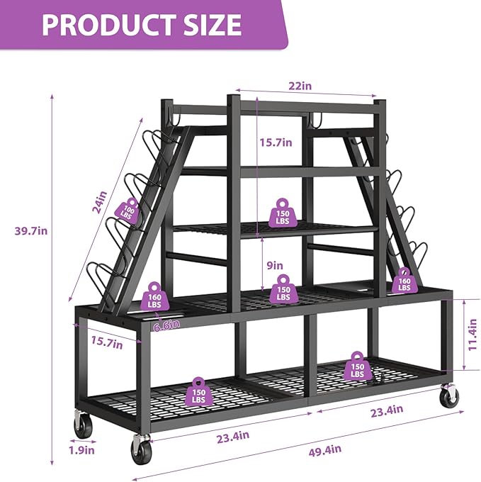 Dumbbell Rack Weight Rack Storage-Large Dumbbells Rack Home Gym Storage,Multilevel Workout Storage Organizer with Wheels and Barbell Holder,Perfect for Yoga Mat Balls Kettlebells and Fitness Gear,black