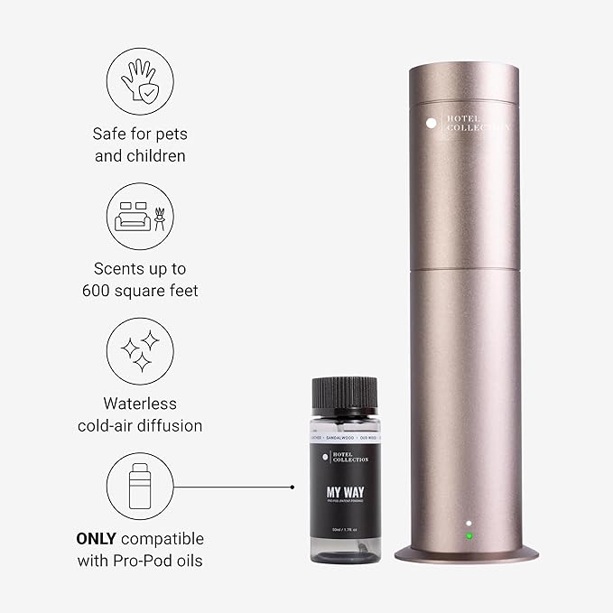 Hotel Collection Studio Pro Essential Oil Diffuser - 600 sq ft Coverage, Wired & Portable with Remote - Cold-Air Diffusion - Works with Pro Pod Bottles - Champagne