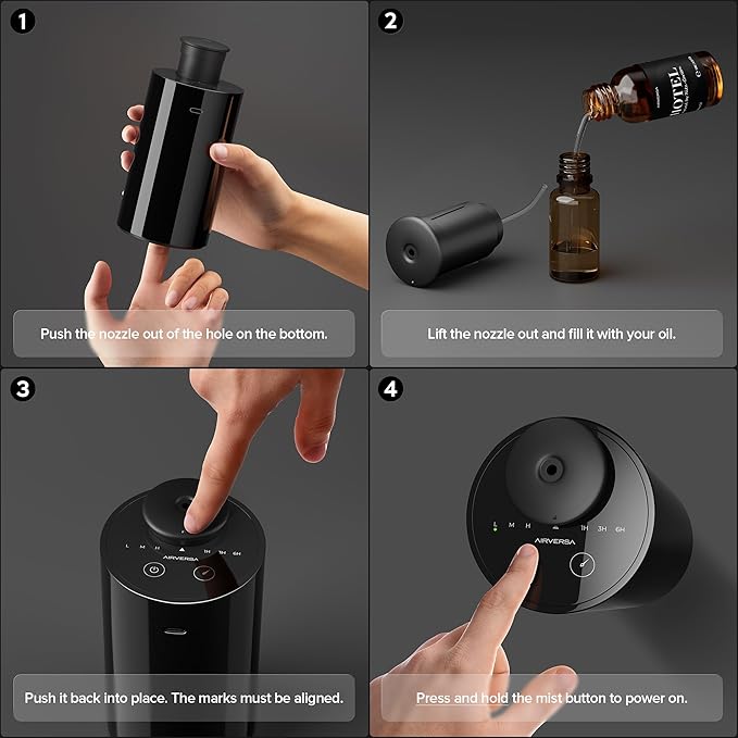 Waterless Essential Oil Diffuser Starter Kit with 4 x 10mL Fragrance Scent Oil, Battery Operated Mini Scent Air Machine Portable Diffuser for Home Car Office, AN6 Black Kit01