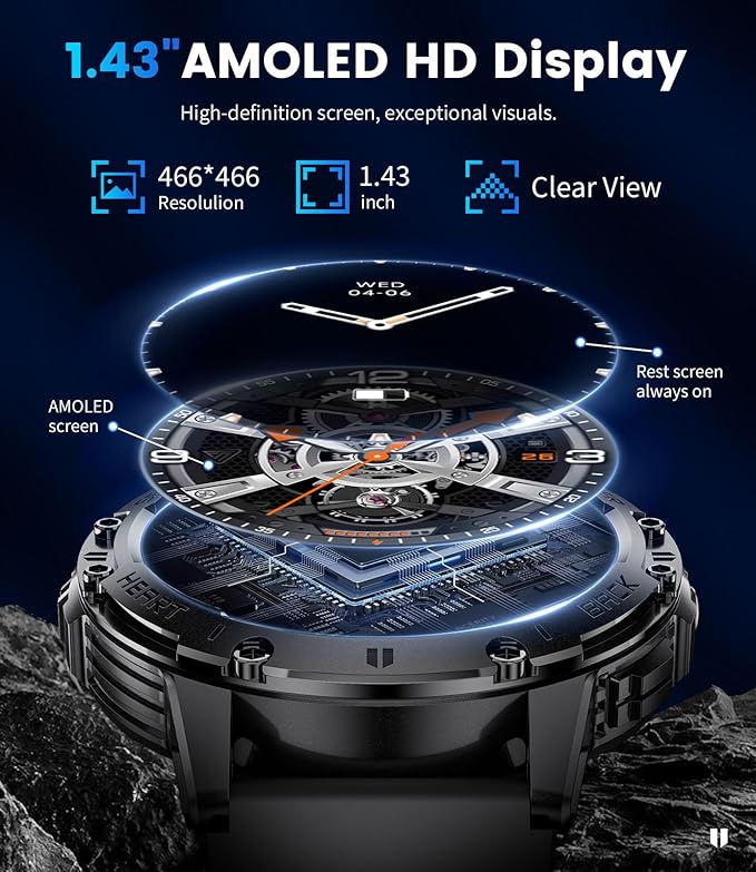 Military Smart Watches for Men for Android/iPhone-1.43''AMOLED Display Smartwatch with 123 Sport Modes/Flashlight,5ATM Waterproof Fitness Tracker with Heart Rate/Sleep Monitor,Silicone