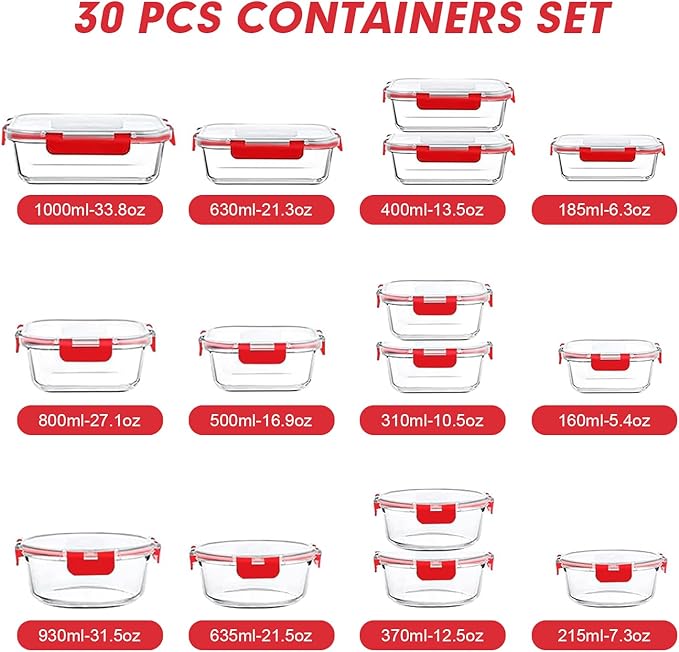 VERONES 30 Pieces Glass Meal Prep Containers Set, Stackable Glass Food Storage Containers with Lids-Airtight Glass Lunch Containers,for Microwave, Oven, Freezer & Dishwasher,Red
