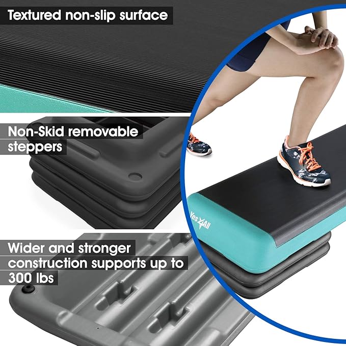 Yes4All 18.9" Aerobic Exercise Step Platform with 2 Risers, Adjustable Height Workout Stepper 3" 5.1" for Home Gym