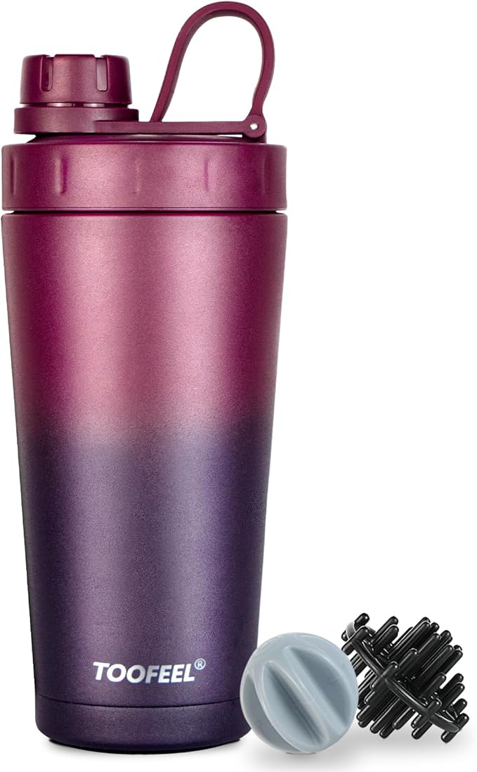 TOOFEEL Stainless Steel Shaker Bottle - 20 oz Double Walled Insulated Protein Shaker Cup, Keeps Cold/Hot for Gym Workout