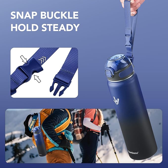 Enerbone 32 oz Insulated Water Bottle, Stainless Steel Bottle with Carrying Strap, Double-Wall Vacuum Insulation Design, Leakproof Sports Bottle with Straw, Keep Drinks Cold or Hot for Hours