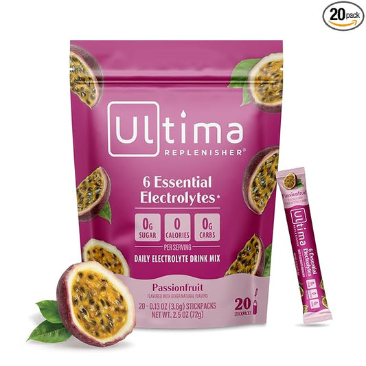 Ultima Replenisher Daily Electrolyte Powder Drink Mix – Sugar Free – Passionfruit, 20 Stickpacks – Hydration Packets with 6 Electrolytes and Trace Minerals – Keto Friendly, Non-GMO