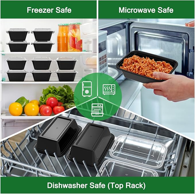 50 Pack (100-Piece) 24 oz Meal Prep Containers Reusable with Lids, Sturdy Leakproof & Food Safe, Microwave, Freezer, Dishwasher Safe Prep Containers, To Go Take Out Plastic Food Storage
