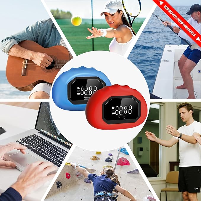 Hand Grip Strength Tester Trainer - Strength Dynamometer for Fun Rechargeable Hand Exercising Device with Finger Exerciser and Stretcher Exercise Workout Equipment for Palm Red Blue