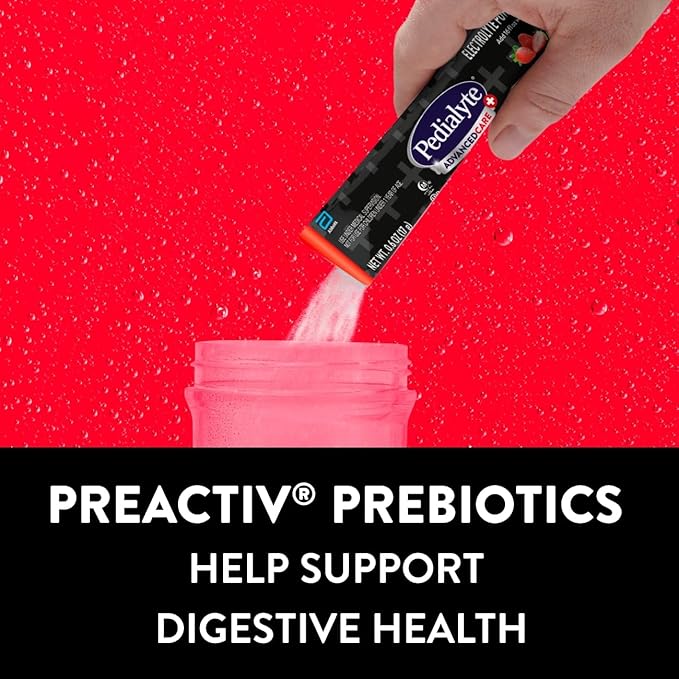 Pedialyte AdvancedCare Plus Electrolyte Powder, Has 33% More Electrolytes and PreActiv Prebiotics, Strawberry Freeze, 6 Powder Packets
