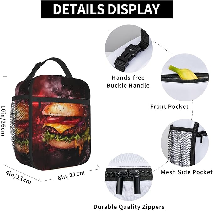 Hamburger Lunch Box for Women Men, Insulated Lunch Box Reusable Portable Lunch Bag Cooler Tote Waterproof Lunch Container for Office Picnic Work Travel
