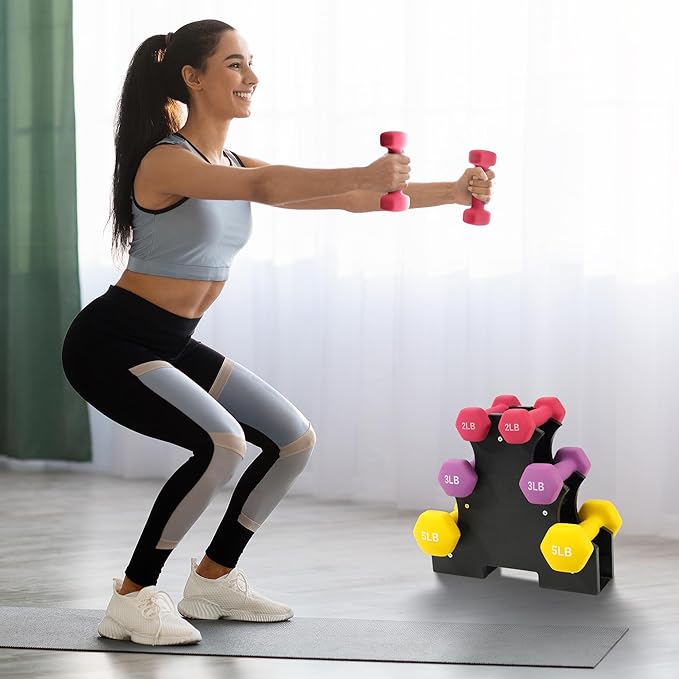 Neoprene Dumbbell Set for Women 2-5 lb | 3 Pairs Hand Weights Set with Rack, Hex Anti-Roll, Color-Coded Home Gym Gifts