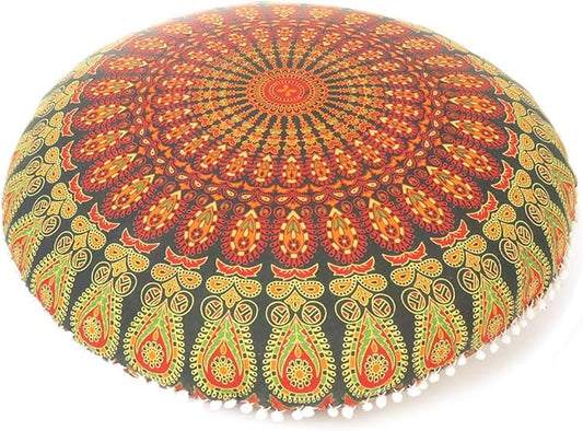 Eyes of India - Mandala Floor Pillow Cover Meditation Cushion Seating Throw Hippie Round Colorful Decorative Bohemian Indian Pouf Ottoman Handmade Cover ONLY (A1 Green, 32" x 32")