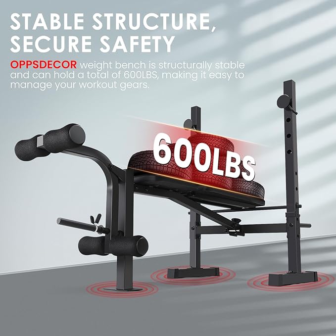 OPPSDECOR Weight Bench Set, Multi-Function Adjustable Bench Press with Squat Rack Leg Extension & Leg Curl Workout Bench Foldable Workout Bench Flat/Incline/Decline Upgrade Weight Benches for Home Gym