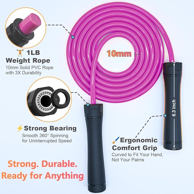 Weighted Jump Rope, 1LB Tangle-Free Ball Bearing Rapid Speed Skipping Rope for Men Women, Adjustable 9mm Cotton & PVC Rope with Alum Handle for Boxing MMA Weight-Loss Athletic Workout Fitness