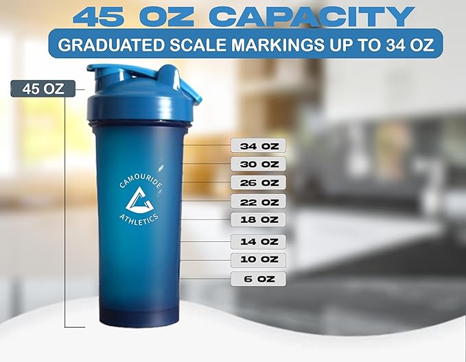 2 Pack 45 oz Protein Shaker Bottles with Wire Whisk – BPA-Free, Leak-Proof Shaker Cups for Protein Shakes & Smoothies – Large Plastic Mixer Bottle – Classic White & Cobalt Blue.