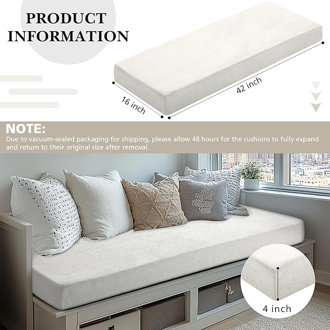 Leinuosen Bench Cushion 42x16x4 Inch for Indoor Furniture Weaving Texture Chenille Kitchen Bay Window Non Slip Seat Cushion Tufted Thicken Pad for Patio Porch, Mudroom Entryway (Beige)