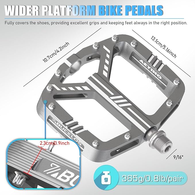 BUCKLOS MTB Flat Pedals Mountain Bike Pedals, 3 Bearings CNC Adult Road Bike Pedals, Bicycle Platform Aluminum Alloy Non-Slip Pedal for Gravel Bike/BMX 9/16"(Black)