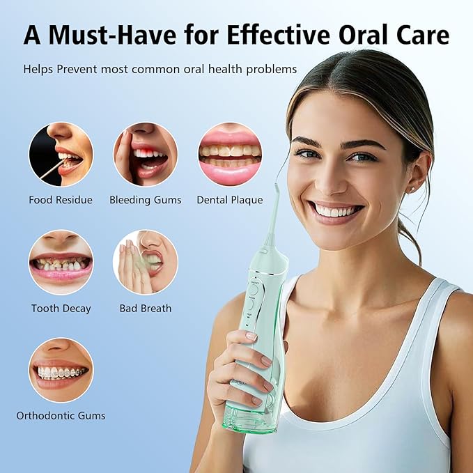 Leominor Water Dental Flosser Pick for Teeth, 300ML Portable Oral Irrigator Upgraded Tank Removable,IPX7 Waterproof, Rechargeable Travel Teeth Cleaner, Professional Electric Flossing (Green)