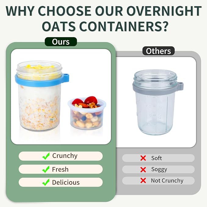 6 Pack Overnight Oats Containers with Lids, Spoons, Divided Compartments - 16 oz Glass Wide Mouth Mason jars, BPA-free, Leak Proof - Meal Prep Jars for Yogurt Parfait, Chia Pudding, Oatmeal