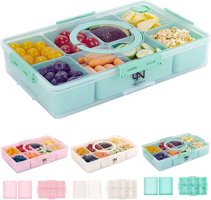 Snackle Box Container - 10 Compartments Including 2 XL, Dishwasher & Microwave Safe, Divided Serving Tray with Lid and Handle, BPA-Free, snack box (1 PCS, Green, 1 Box with 2 XL Compartments)