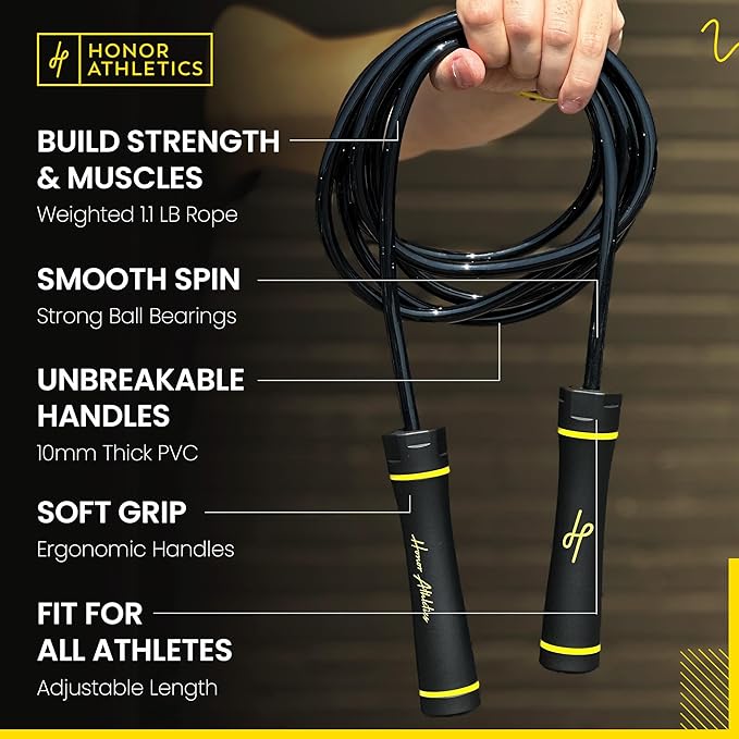 Honor Athletics - WEIGHTED 1.1lb HEAVY Jump Rope for High-Intensity and Strength Training - Adjustable 10ft PVC Rope with Ergonomic Grip, Ideal for Boxing, CrossFit, Muay Thai, MMA, and Fitness