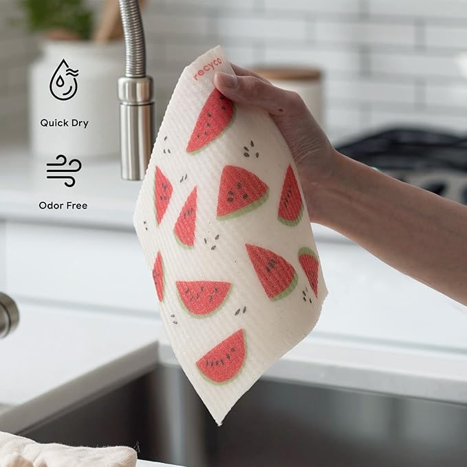 RECYCO Swedish Dishcloths for Kitchen | 6 Pack Tropical Fruit Washable Dish Rags | Cellulose Reusable Cleaning Paper Towels | Absorbent Counter Dish Cloth Sponge Kitchen Wipes, 8" L x 7" W