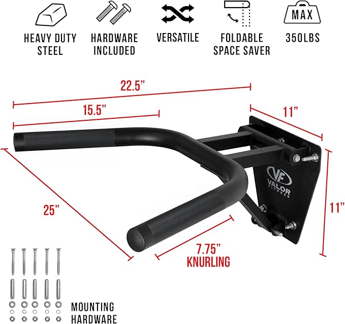 Valor Fitness Wall Mount Dip Station – Heavy-Duty Foldable Triceps Dip Bars with Padded Handles for Home Gym Strength Training Workouts – Supports Up to 400 lbs