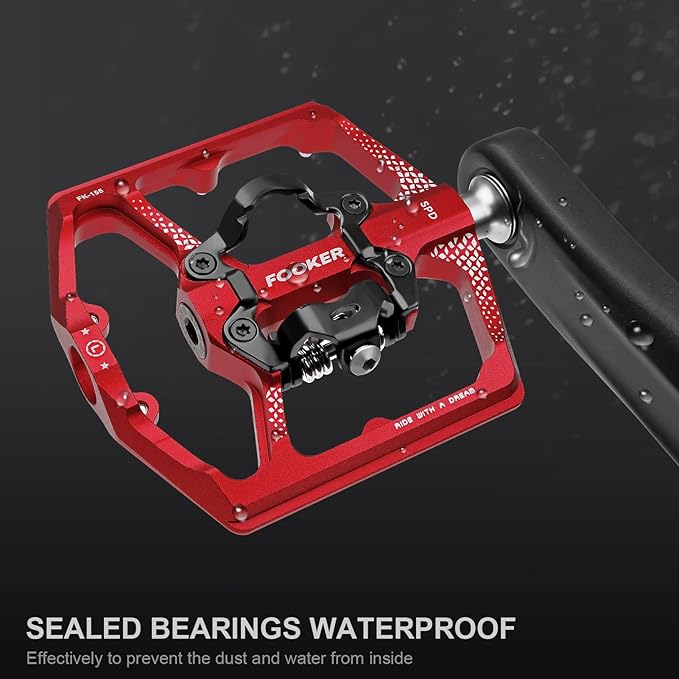 FOOKER MTB Mountain Bike Pedals, Dual Function Flat and Pedal,3 Sealed Bearing Flat Platform Compatible with Clipless Pedal Aluminum 9/16" Pedals with Cleats for Road Mountain BMX MTB