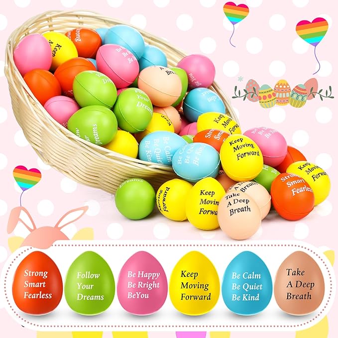 Aoriher 60 Pcs Motivational Stress Balls Quotes Inspirational Funny Colorful Foam Balls Hand Exercise Stress Relief Gifts for Office Small Anxiety Toys for Motivating Encouraging Supply (Egg)