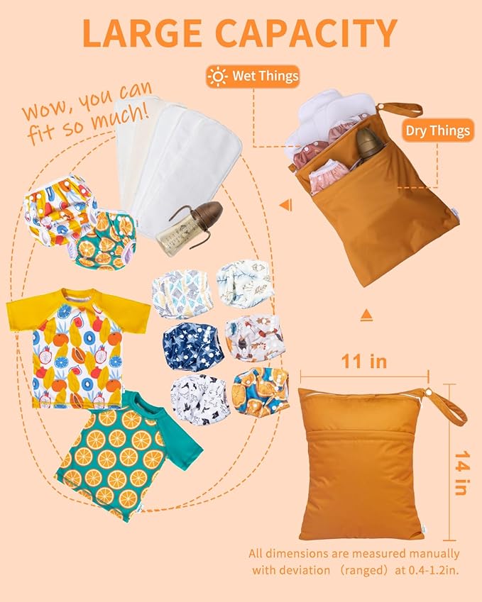 babygoal Wet Dry Bags 3 Pack for Baby Cloth Diapers, Washable Travel Bags, Beach, Pool, Gym Bag for Swimsuits & Wet Clothes with Two Zippered Pockets 3LN29