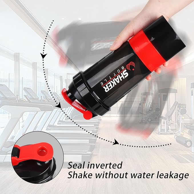 Shaker Bottle,16oz Protein Shaker Bottles with Mixing Ball, 3 in 1 Leak-proof GYM Shake Cup with Powder Storage & Pill Tray, Ideal for Workout,BPA Free(Red)