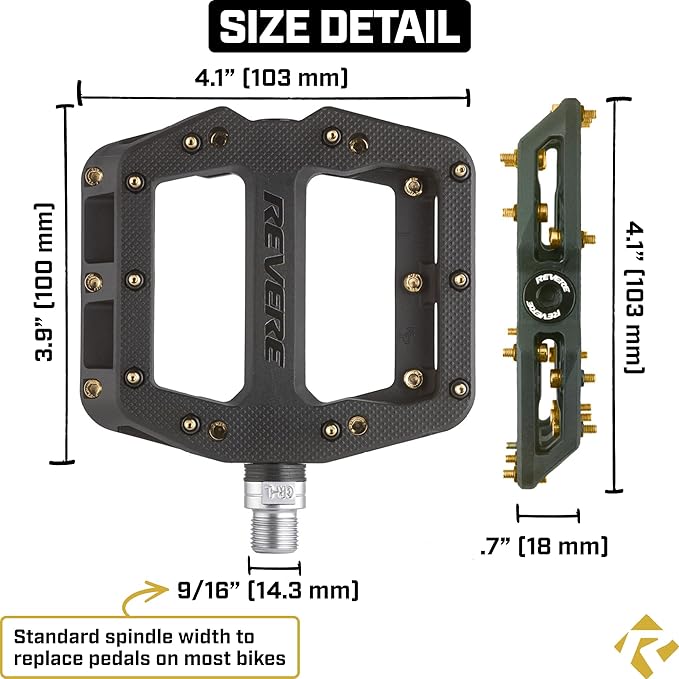 Revere Pro Grip MTB Mountain/Gravel Bike Pedals, Ultra Smooth Bearings, Non-Slip Indestructible Lightweight Nylon Composite Bicycle Platform Pedals 9/16" Spindle, Replaceable Oil Slick or Gold Pins