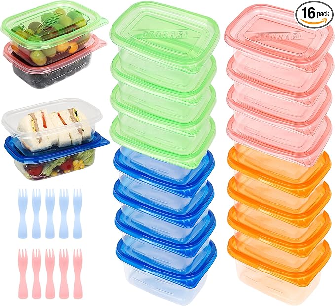 16pcs Meal Prep Containers with Lids, Snack Container for Lunch, Salad, Snacks & Bento, 10 Forks Included, Microwave/Freezer Safe, Stackable 16.33 Oz (4 Colors)
