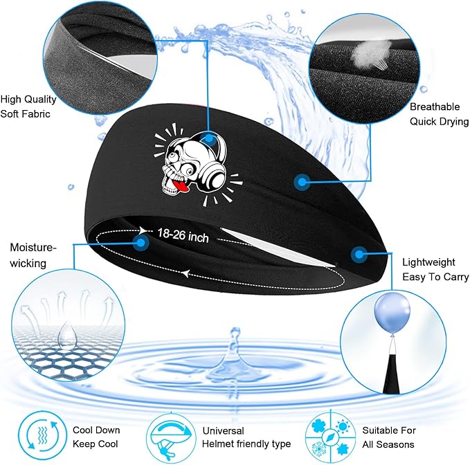 Headbands for Men 3 Pack Sport Sweat Bands Headbands Men Skull Finger Workout Sweatbands for Mens Women Head Bands Cooling Running Men's Hairband Headband