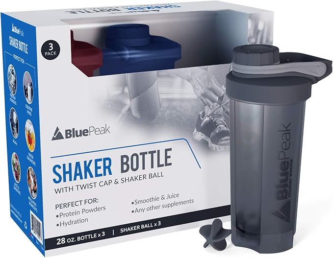 BluePeak Protein Shaker Bottle 28 oz with Twist Cap, Strong Loop Top, BPA Free, Dishwasher Safe, Shaker Balls Included - On-The-Go Large Protein Shakers (3 Pack - Red, Blue, Gray)
