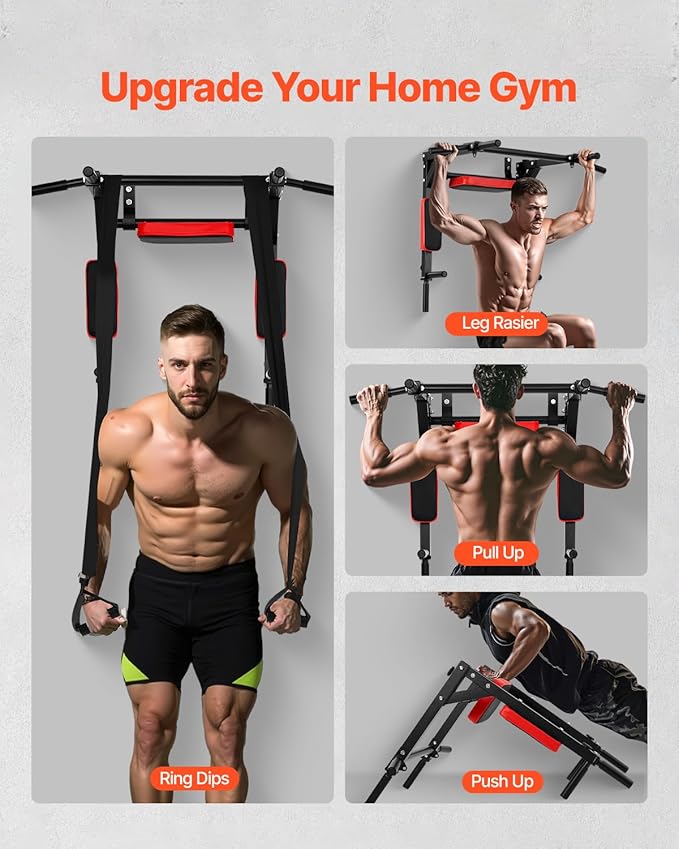 VEVOR Multifunctional Pull Up Bar, Wall Mounted Chin Up Bar Dip Station for Home Gym, Heavy Duty Steel Upper Body Workout Pull Ups, Power Tower Set Training Equipment Fitness, 440 lbs Weight Capacity