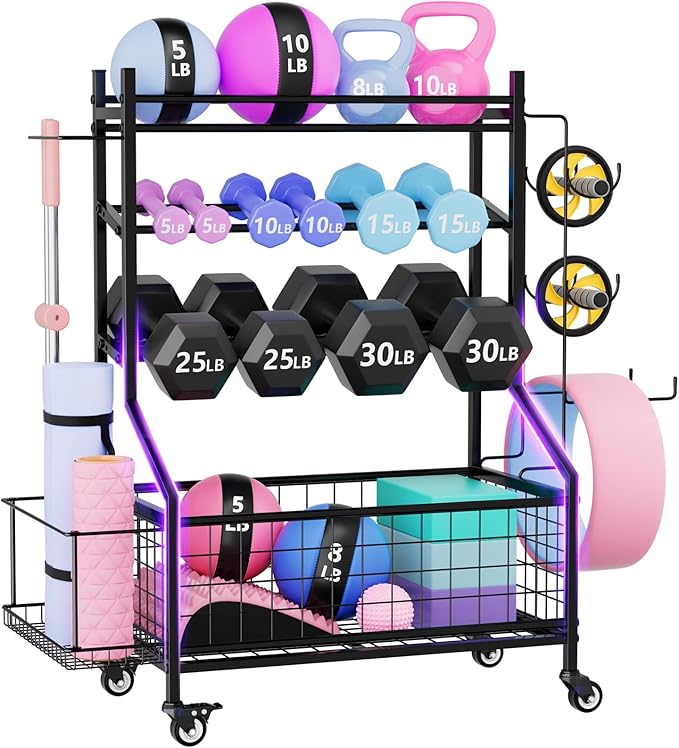 WUC Adjustable Dumbbell Rack, Weight Rack for Home Gym Storage, All-in-One Workout Equipment Storage with Wheels and Hooks for Dumbbells, Kettlebells, Yoga Mats & Balls, Durable Powder Coated Steel