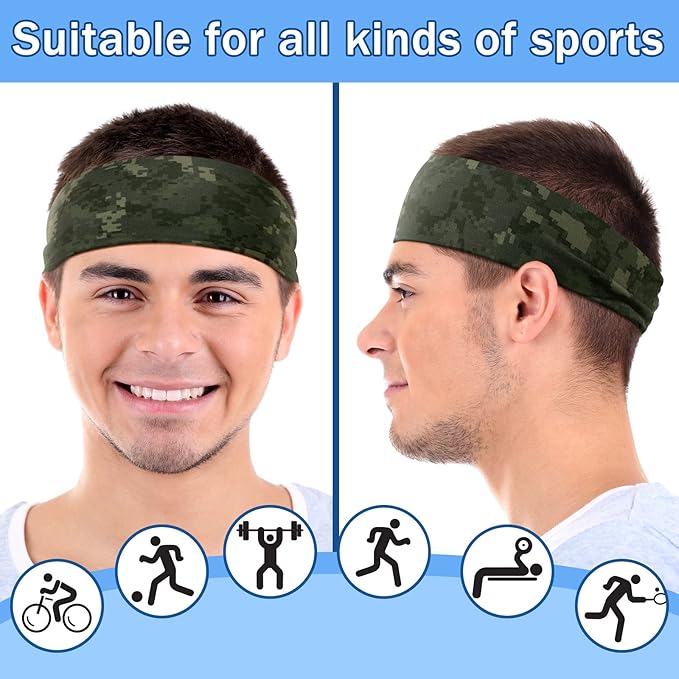 9 pcs Sweatbands for Men Workout Sport Headbands for Men Camo Headband Sweat Absorbing Headband Wide Sweatband for Head Basketball Football Cycling Running Yoga, 4.7 x 9.8 Inch