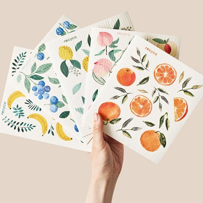 RECYCO Swedish Dishcloths for Kitchen | 5 Pack Washable Dish Rags | Cellulose Reusable Cleaning Paper Towels | Absorbent Counter Dish Cloth Sponge Kitchen Wipes, 8" L x 7" W