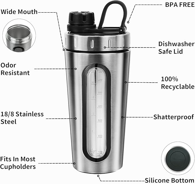 TOOFEEL Shaker Bottles for Protein Mixes 28 oz Stainless Steel Protein Shaker with 2 Mixing Ball, Not Stays Cold/Hot, Visible Window Metal Shaker Cups, Leakproof, BPA Free Bottle Shaker